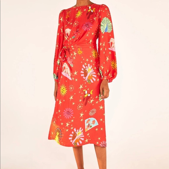 Farm Rio Lotus Star Red / Multi Midi Dress w/ beaded fringe belt- Small - Picture 1 of 15